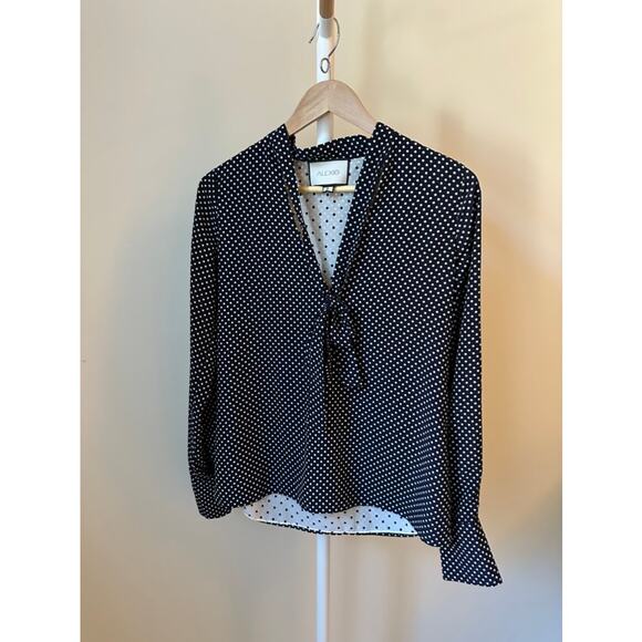 Alexis Navy and White Polka Dot Tie-Neck Blouse, Size Small - Picture 2 of 7